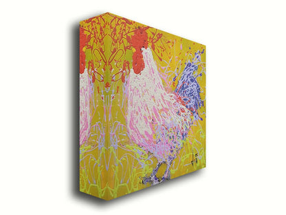 A drip painting of a rooster in white, pink, and purple against a yellow background. Printed on canvas.