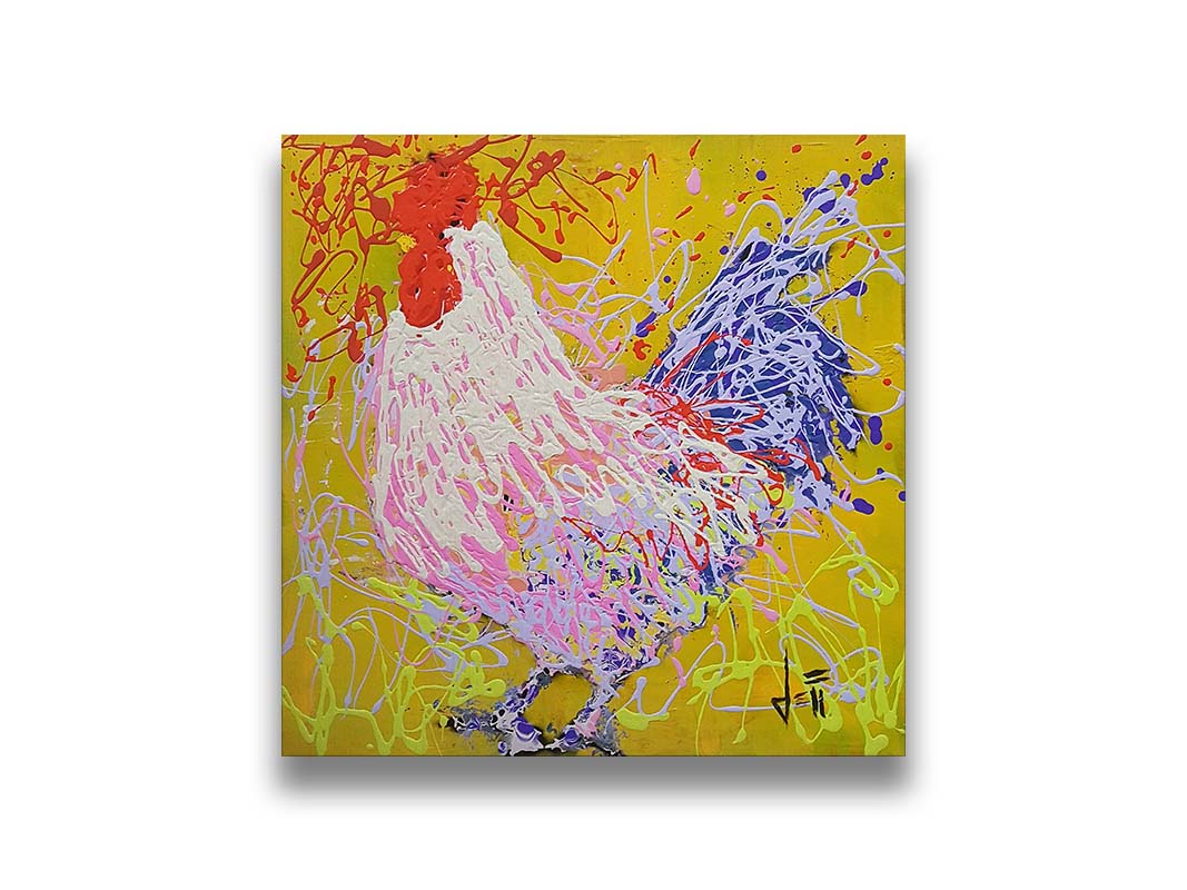 A drip painting of a rooster in white, pink, and purple against a yellow background. Printed on canvas.