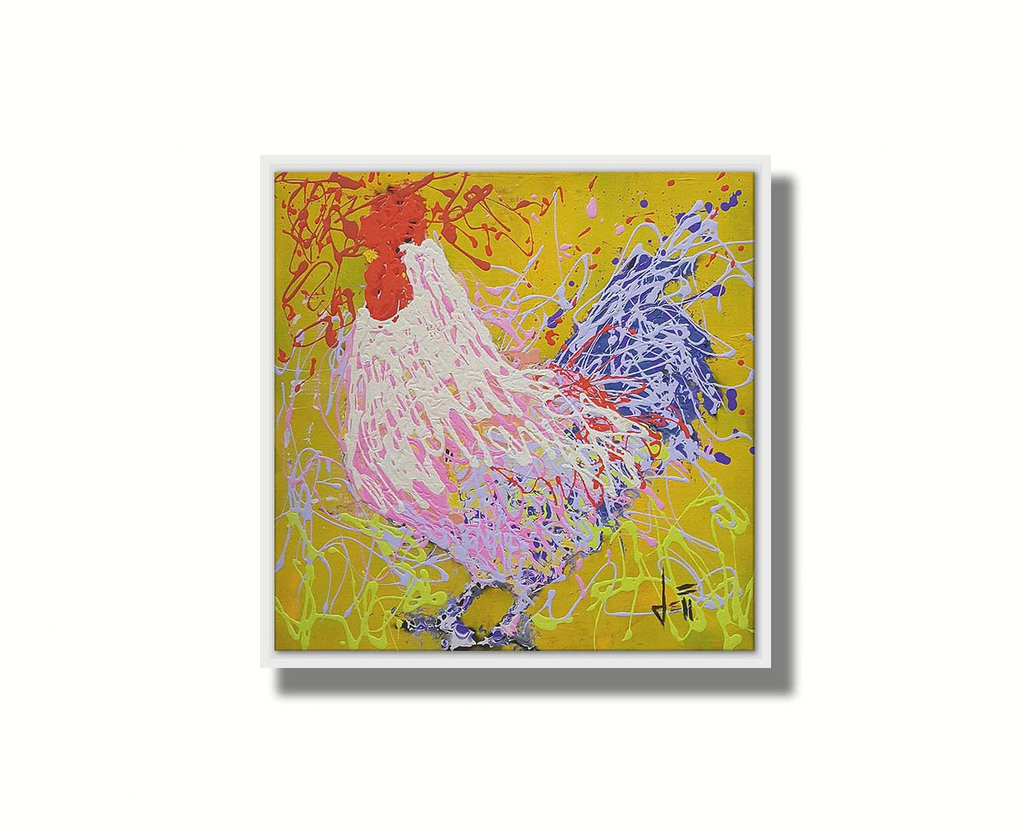 A drip painting of a rooster in white, pink, and purple against a yellow background. Printed on canvas in a float frame.