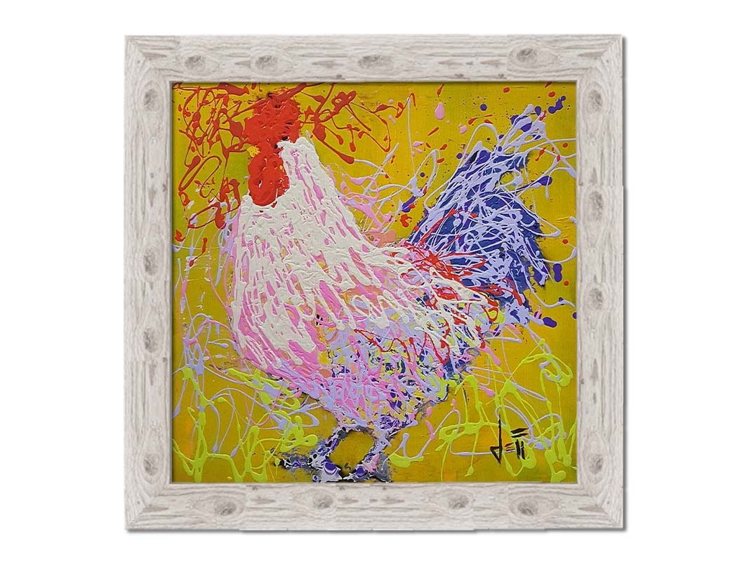 A drip painting of a rooster in white, pink, and purple against a yellow background. Printed on canvas and framed.