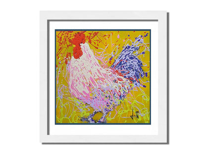 A drip painting of a rooster in white, pink, and purple against a yellow background. Printed on paper, matted, and framed.