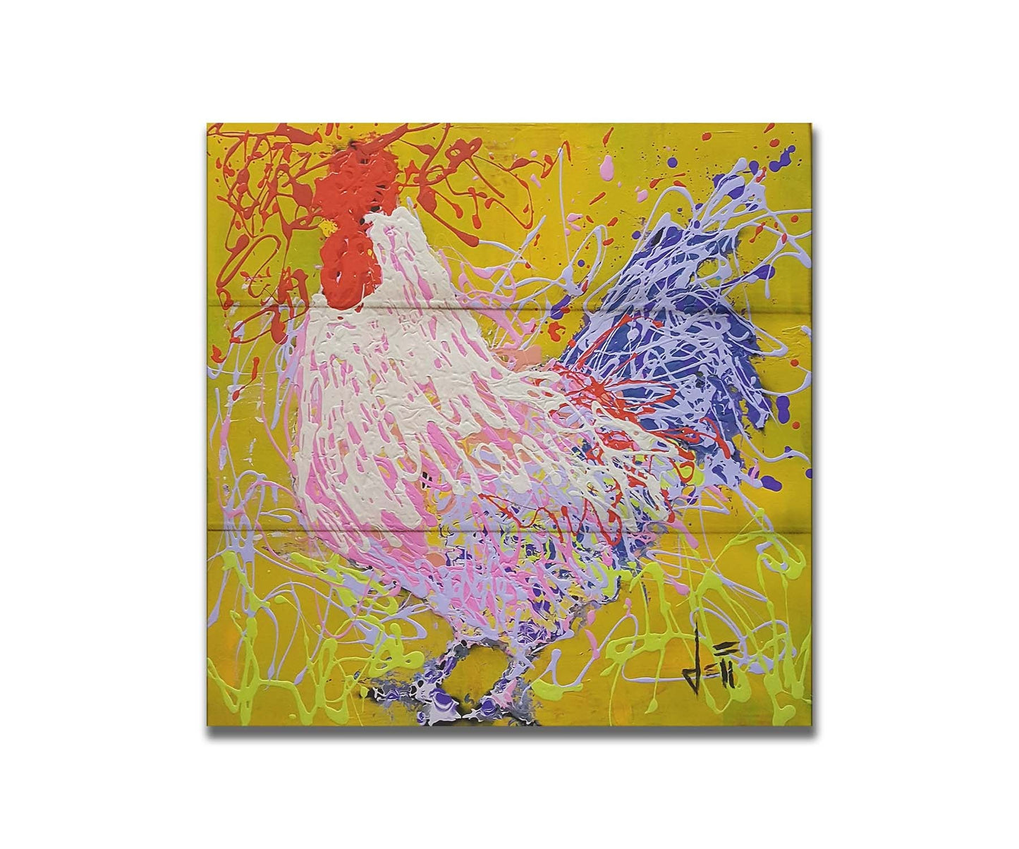 A drip painting of a rooster in white, pink, and purple against a yellow background. Printed on a box board.