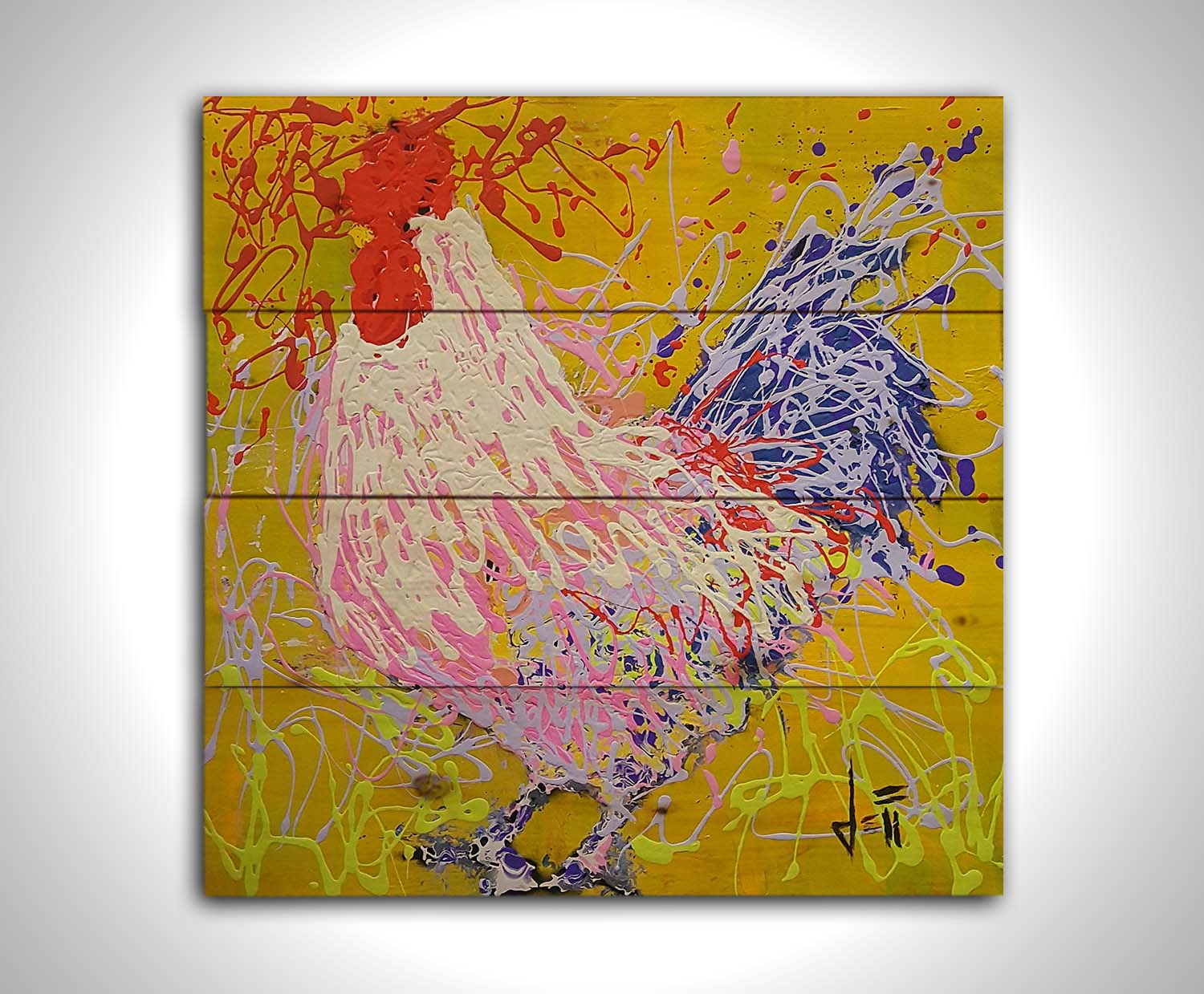 A drip painting of a rooster in white, pink, and purple against a yellow background. Printed on a wood pallet.