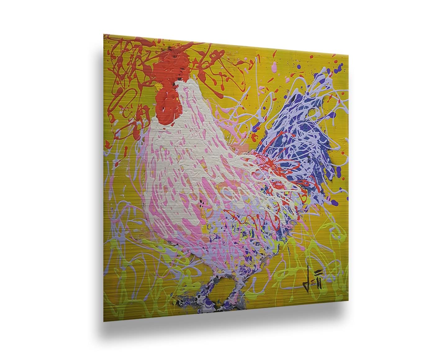 A drip painting of a rooster in white, pink, and purple against a yellow background. Printed on metal.