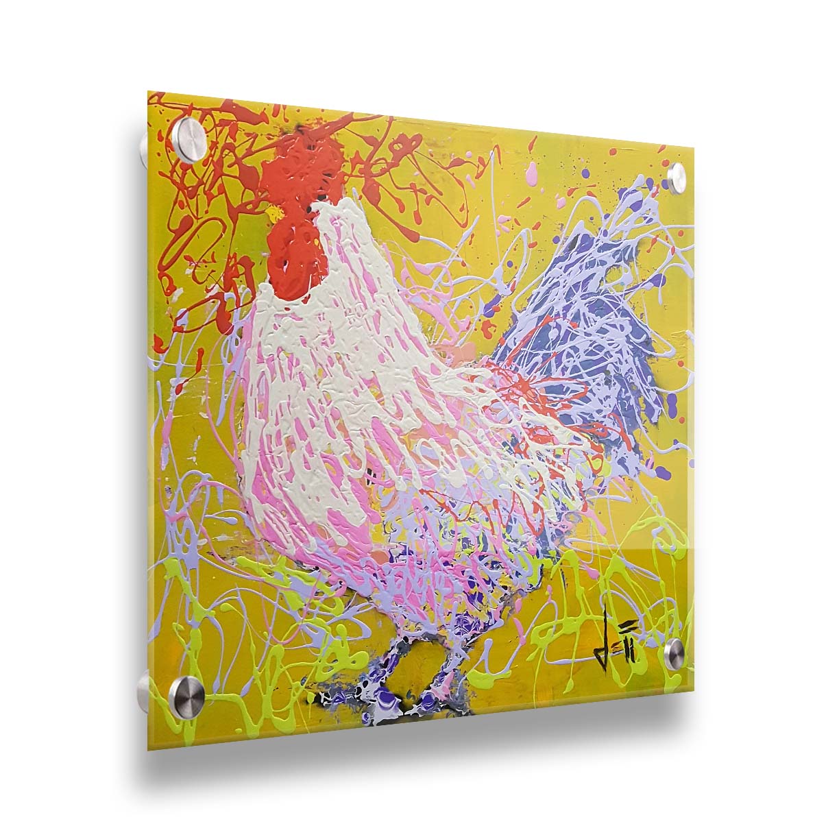 A drip painting of a rooster in white, pink, and purple against a yellow background. Printed on acrylic.