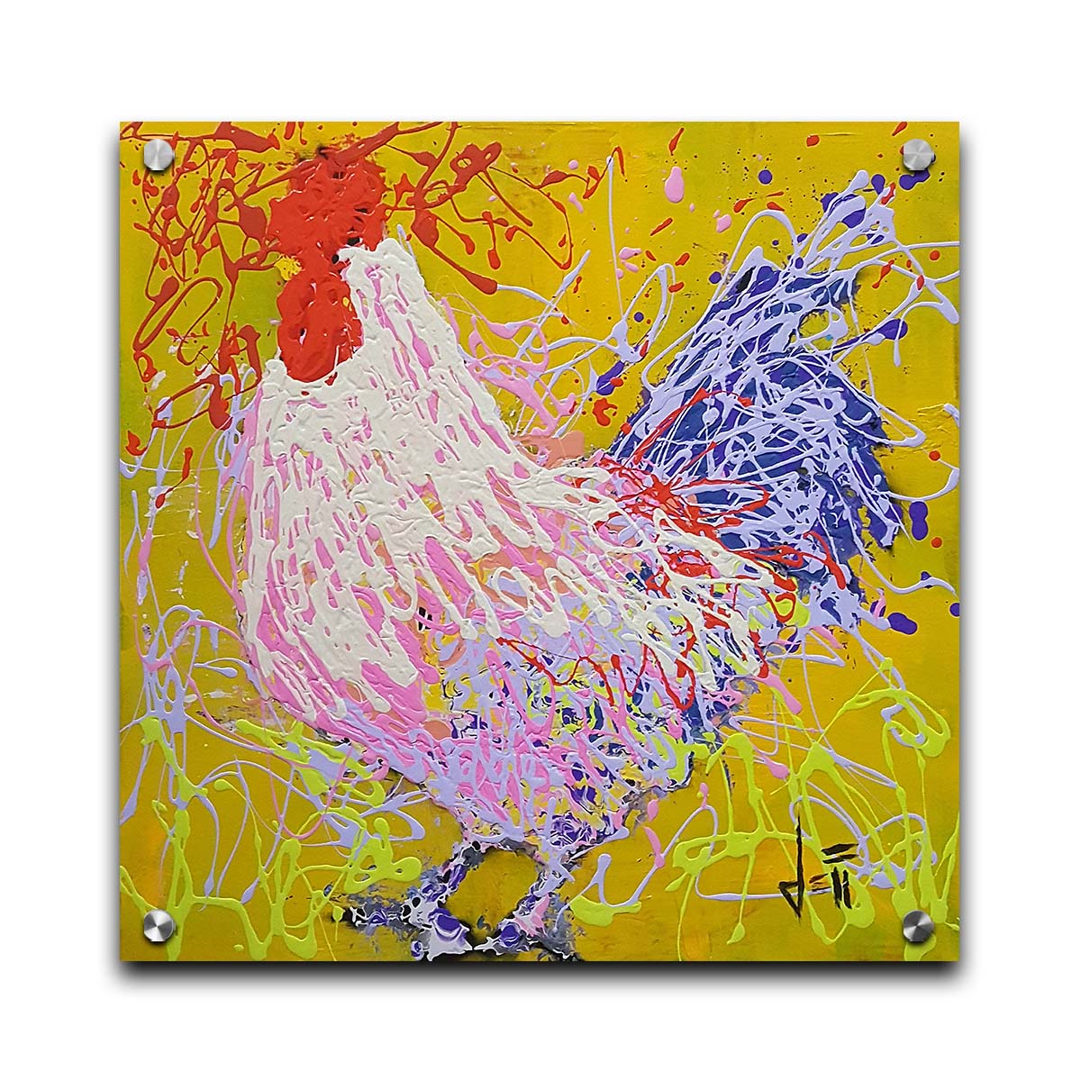 A drip painting of a rooster in white, pink, and purple against a yellow background. Printed on acrylic.