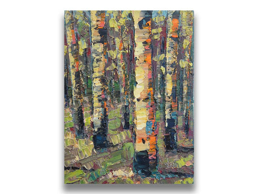 A painting of a birch forest, created with broad visible brush strokes of thick paint layers in broken color. Printed on canvas.