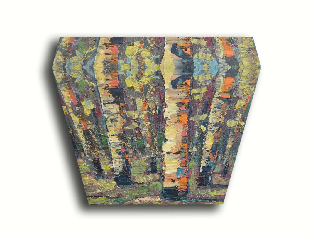 A painting of a birch forest, created with broad visible brush strokes of thick paint layers in broken color. Printed on canvas.