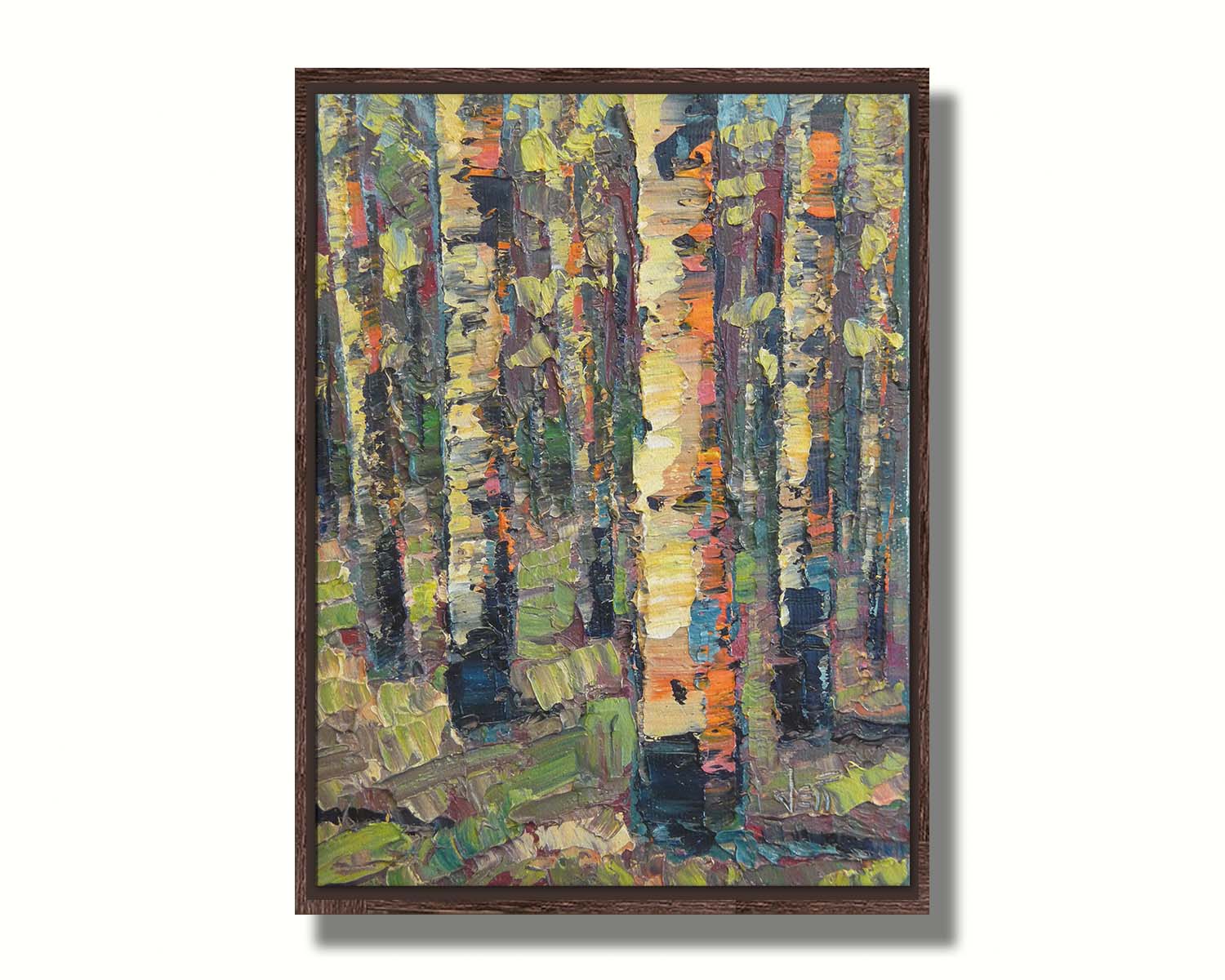 A painting of a birch forest, created with broad visible brush strokes of thick paint layers in broken color. Printed on canvas in a float frame.