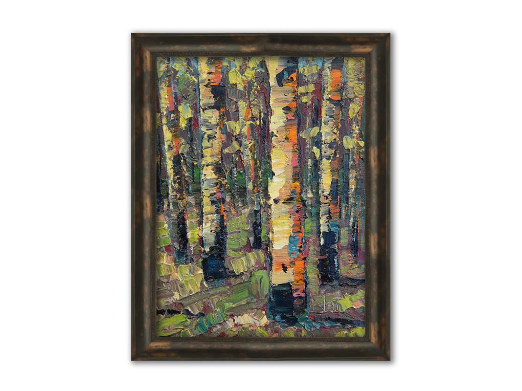 A painting of a birch forest, created with broad visible brush strokes of thick paint layers in broken color. Printed on canvas and framed.