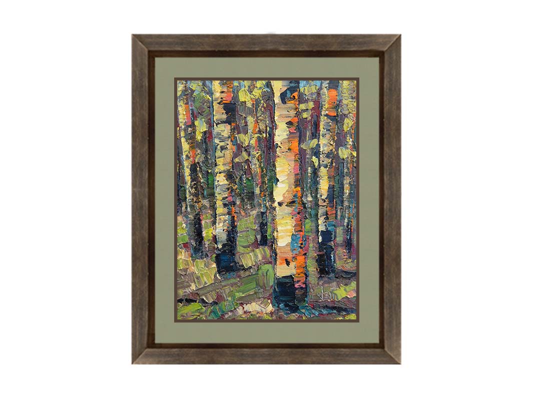 A painting of a birch forest, created with broad visible brush strokes of thick paint layers in broken color. Printed on paper, matted, and framed.