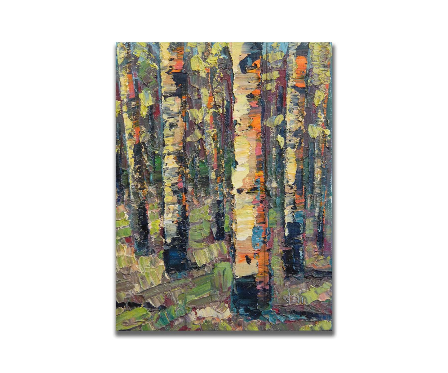 A painting of a birch forest, created with broad visible brush strokes of thick paint layers in broken color. Printed on a box board.