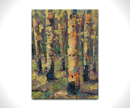 A painting of a birch forest, created with broad visible brush strokes of thick paint layers in broken color. Printed on a wood pallet.