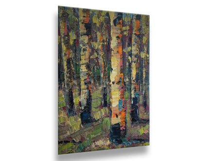 A painting of a birch forest, created with broad visible brush strokes of thick paint layers in broken color. Printed on metal.