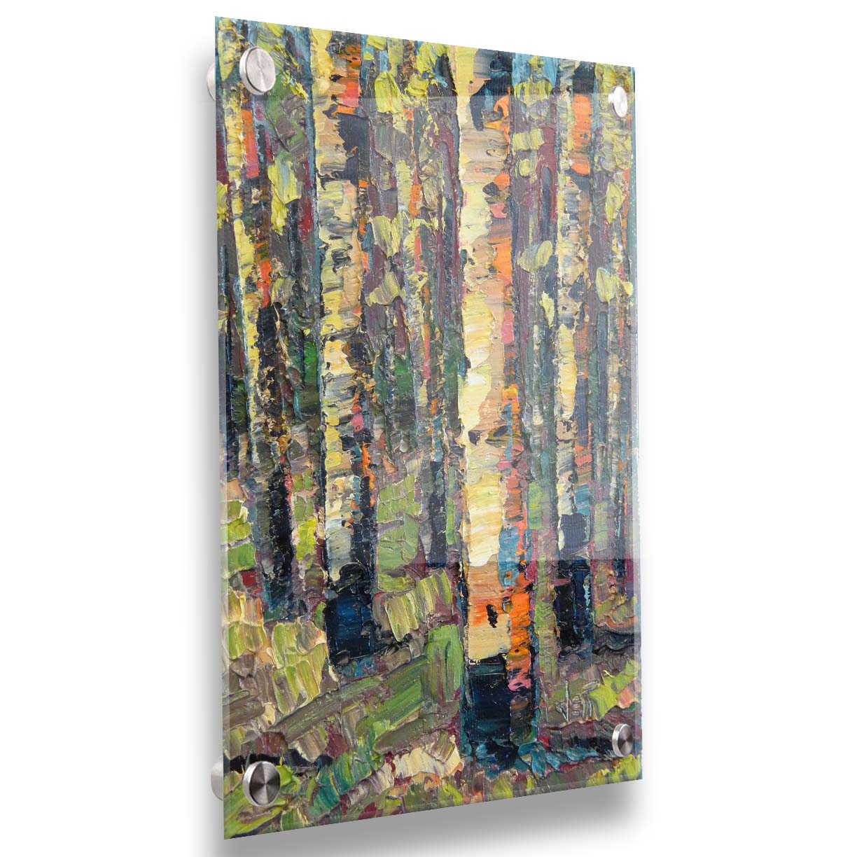 A painting of a birch forest, created with broad visible brush strokes of thick paint layers in broken color. Printed on acrylic.