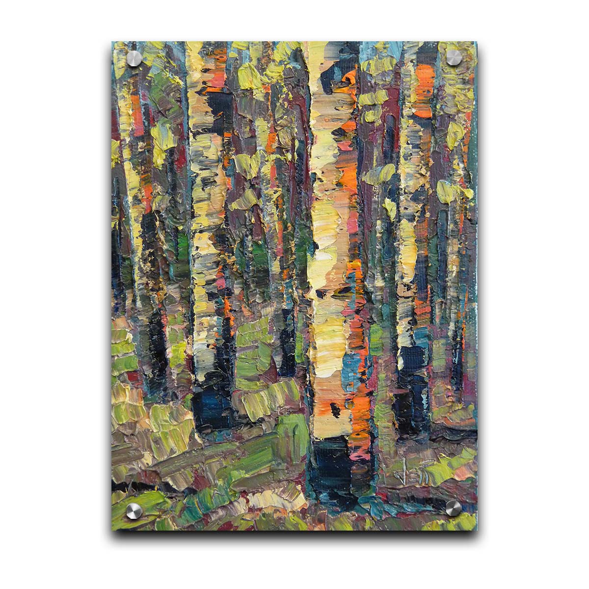 A painting of a birch forest, created with broad visible brush strokes of thick paint layers in broken color. Printed on acrylic.