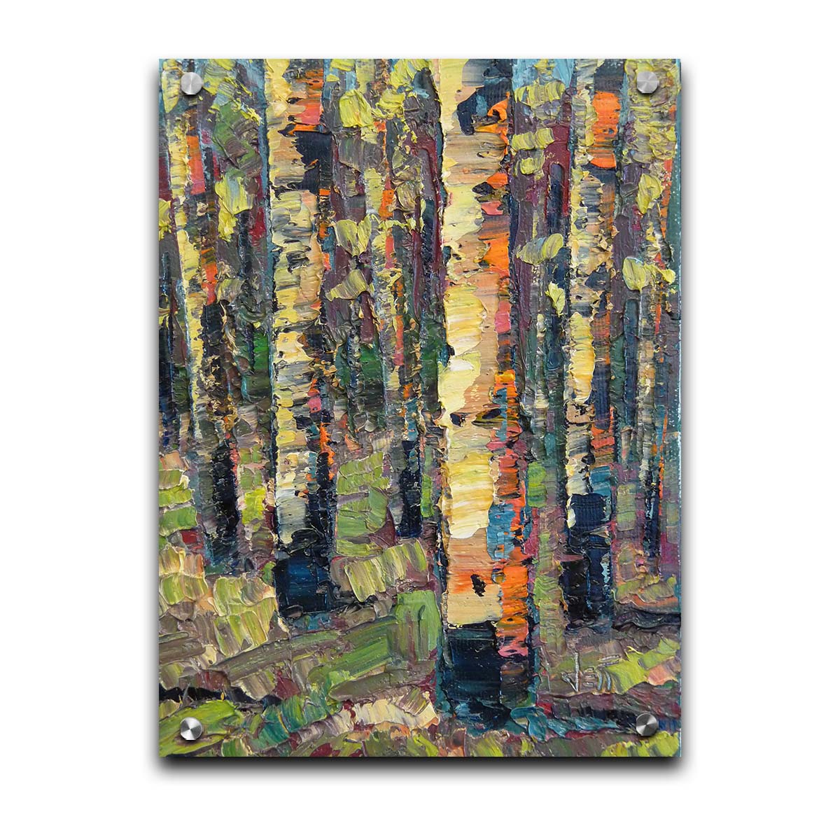 A painting of a birch forest, created with broad visible brush strokes of thick paint layers in broken color. Printed on acrylic.