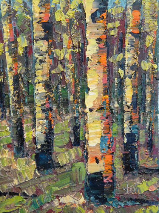 A painting of a birch forest, created with broad visible brush strokes of thick paint layers in broken color.