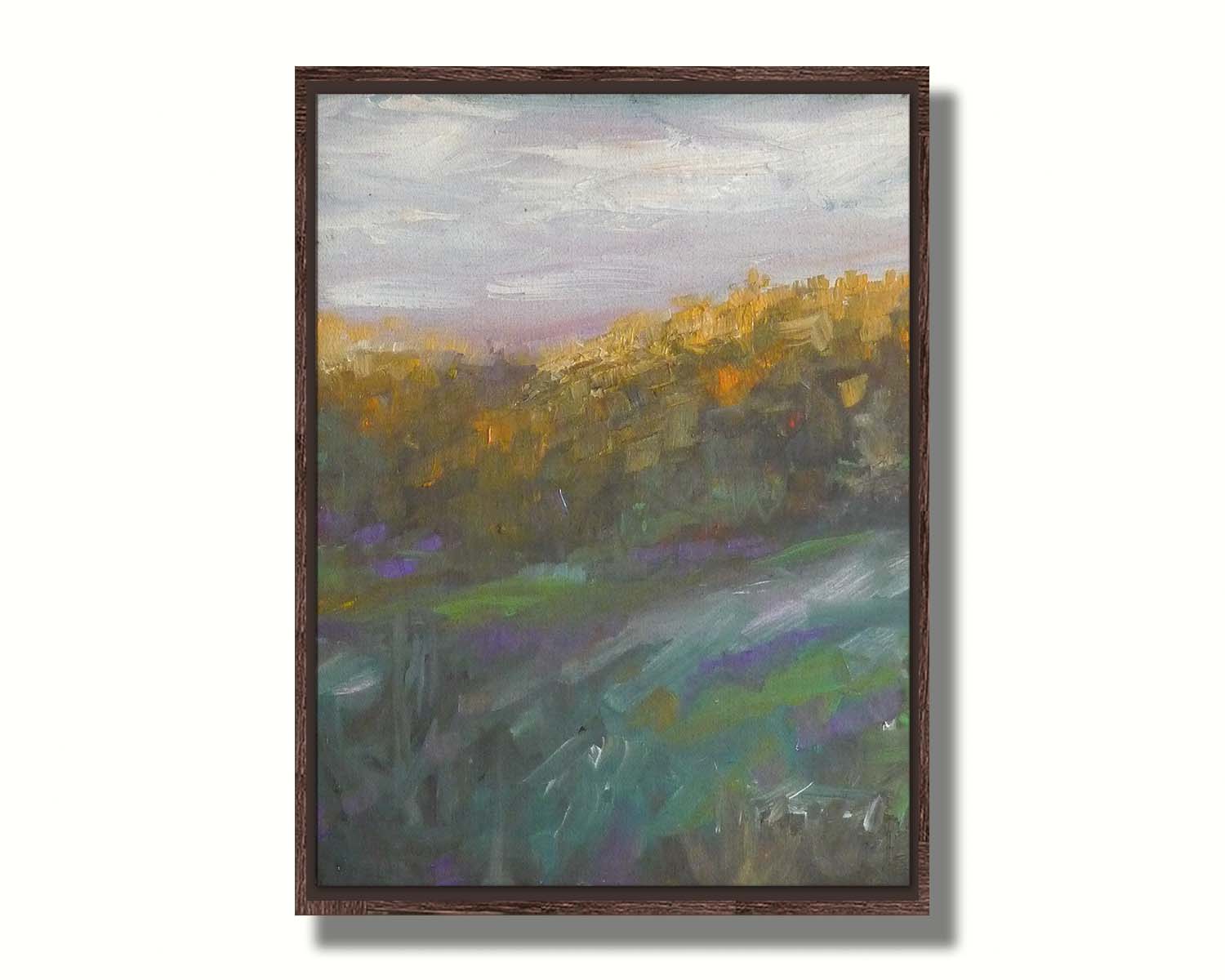 A painting of a grassy highland hillside, created with visible brushstrokes. Printed on canvas in a float frame.