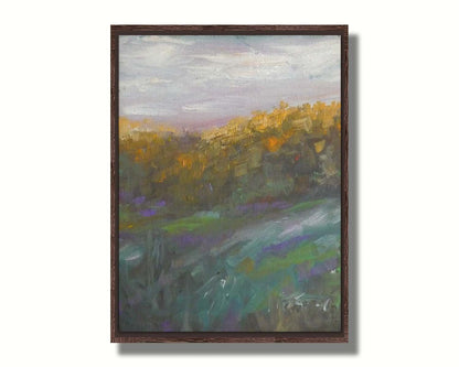 A painting of a grassy highland hillside, created with visible brushstrokes. Printed on canvas in a float frame.