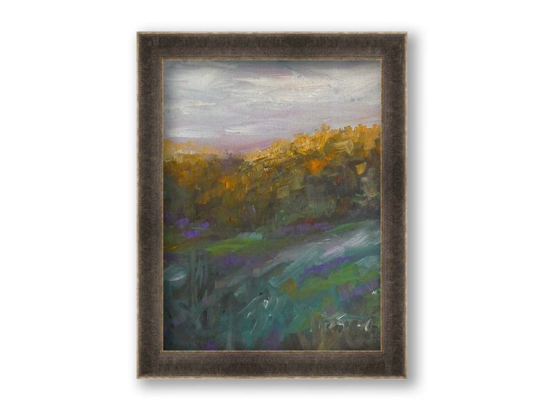 A painting of a grassy highland hillside, created with visible brushstrokes. Printed on canvas and framed.