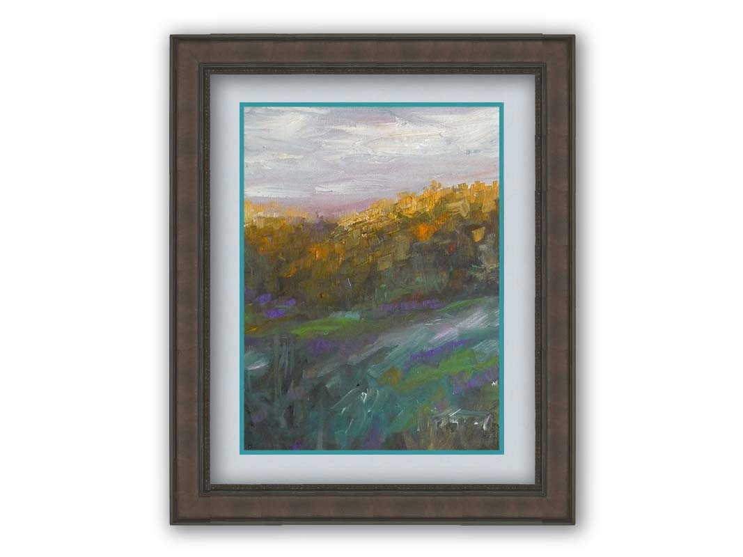 A painting of a grassy highland hillside, created with visible brushstrokes. Printed on paper, matted, and framed.