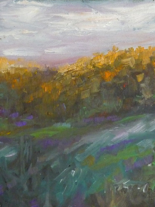 A painting of a grassy highland hillside, created with visible brushstrokes. 