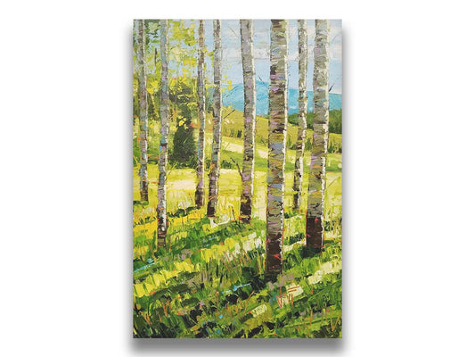 A painting of a group of birch tree trunks before a bright green grassy hill. Printed on canvas.