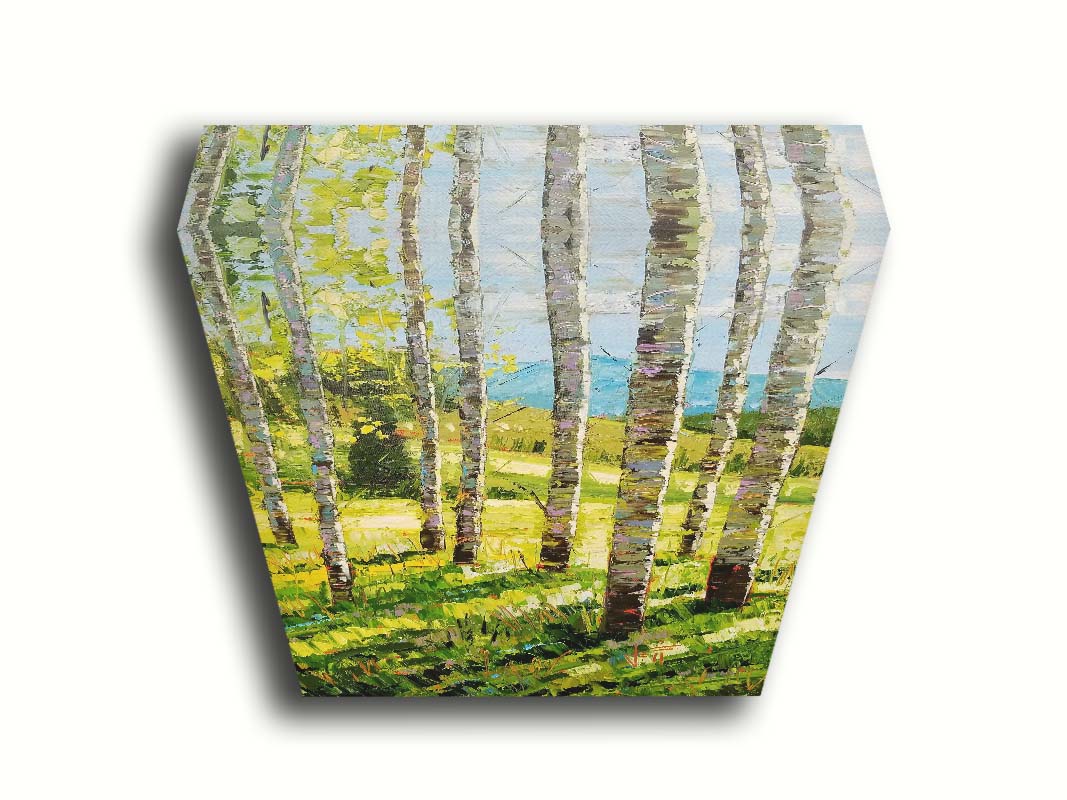 A painting of a group of birch tree trunks before a bright green grassy hill. Printed on canvas.