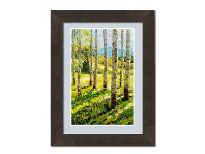 A painting of a group of birch tree trunks before a bright green grassy hill. Printed on paper, matted, and framed.