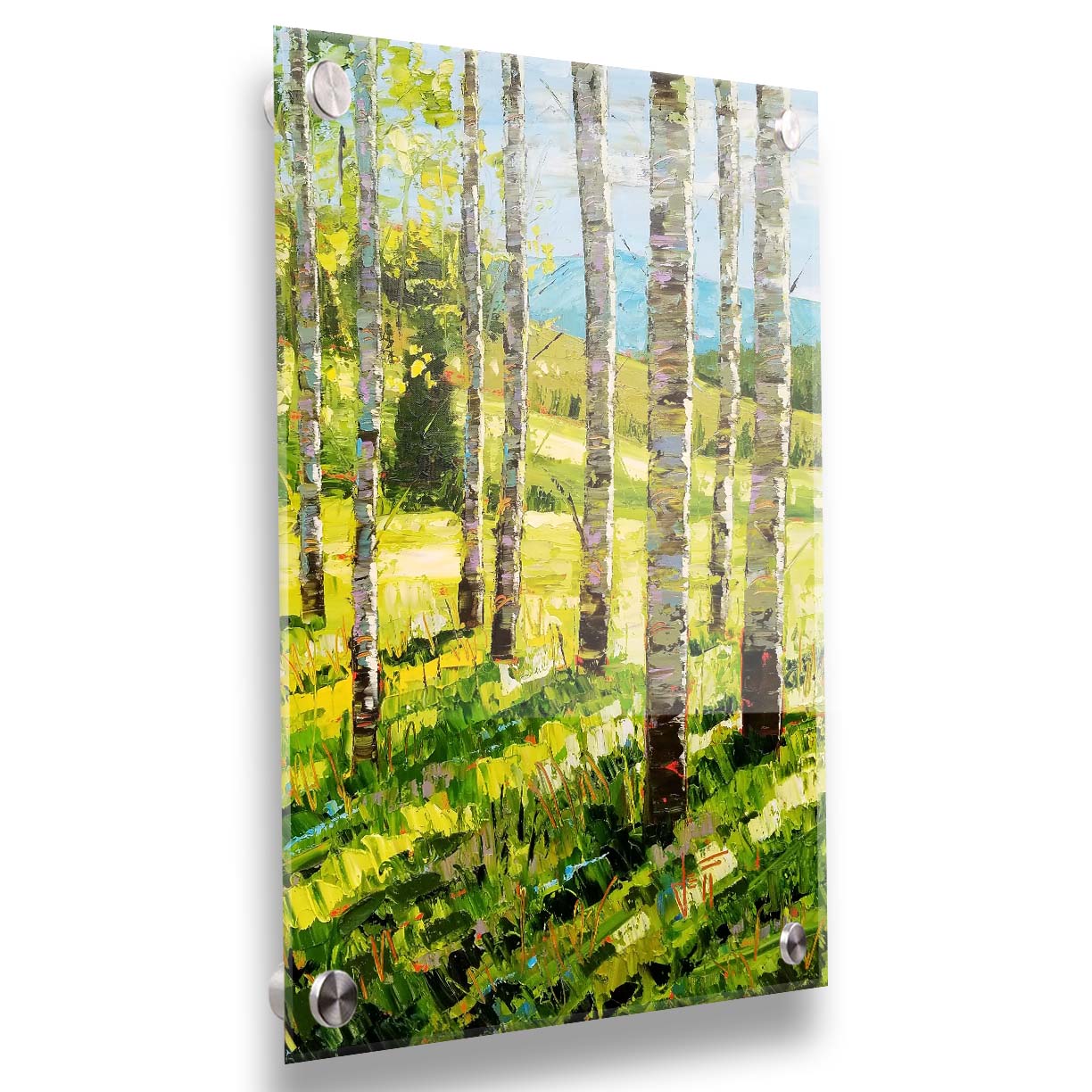 A painting of a group of birch tree trunks before a bright green grassy hill. Printed on acrylic.