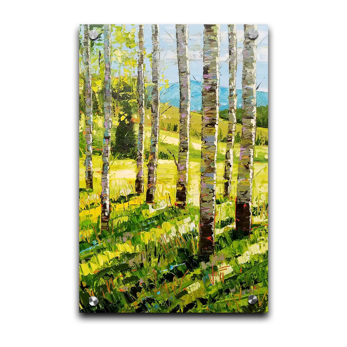 A painting of a group of birch tree trunks before a bright green grassy hill. Printed on acrylic.