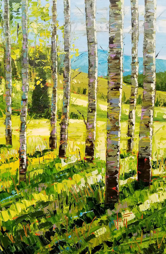 A painting of a group of birch tree trunks before a bright green grassy hill. 