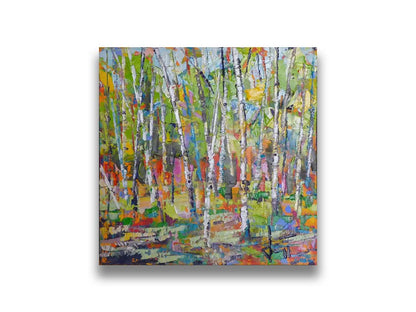 An abstract landscape depicitng a birch forest in a wide array of colors. Printed on canvas.