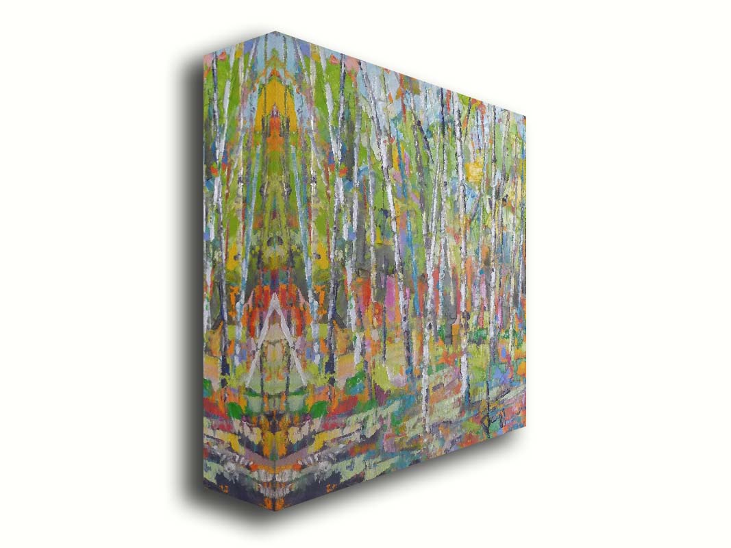 An abstract landscape depicitng a birch forest in a wide array of colors. Printed on canvas.