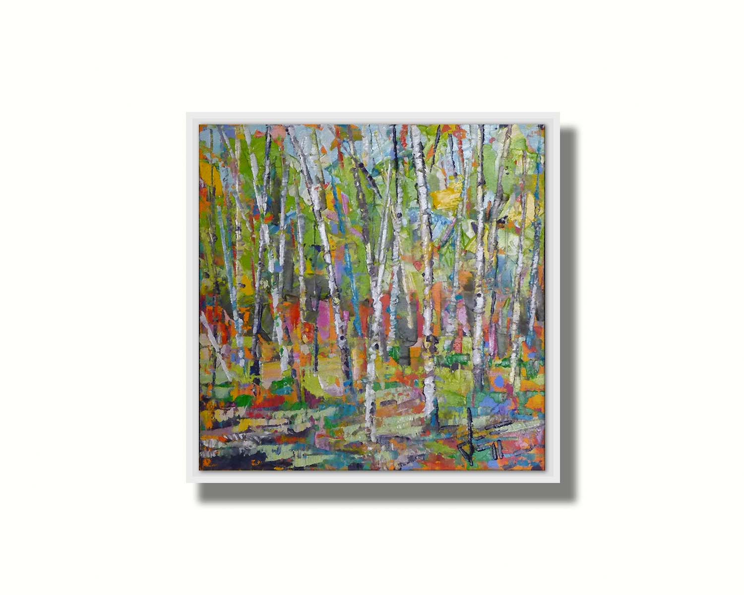 An abstract landscape depicting a birch forest in a wide array of colors. Printed on canvas in a float frame.