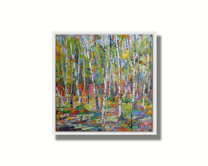 An abstract landscape depicitng a birch forest in a wide array of colors. Printed on canvas in a float frame.