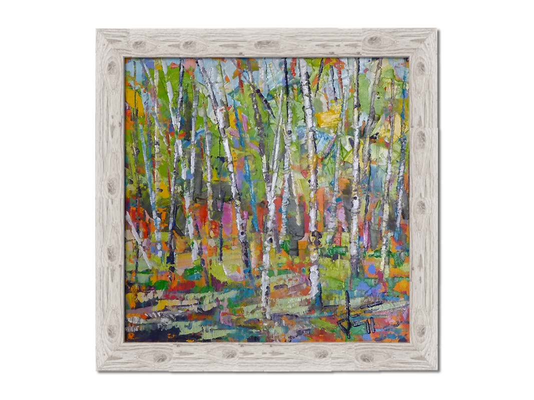 An abstract landscape depicting a birch forest in a wide array of colors. Printed on canvas and framed.