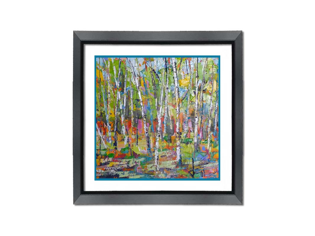 An abstract landscape depicitng a birch forest in a wide array of colors. Printed on paper, matted, and framed.