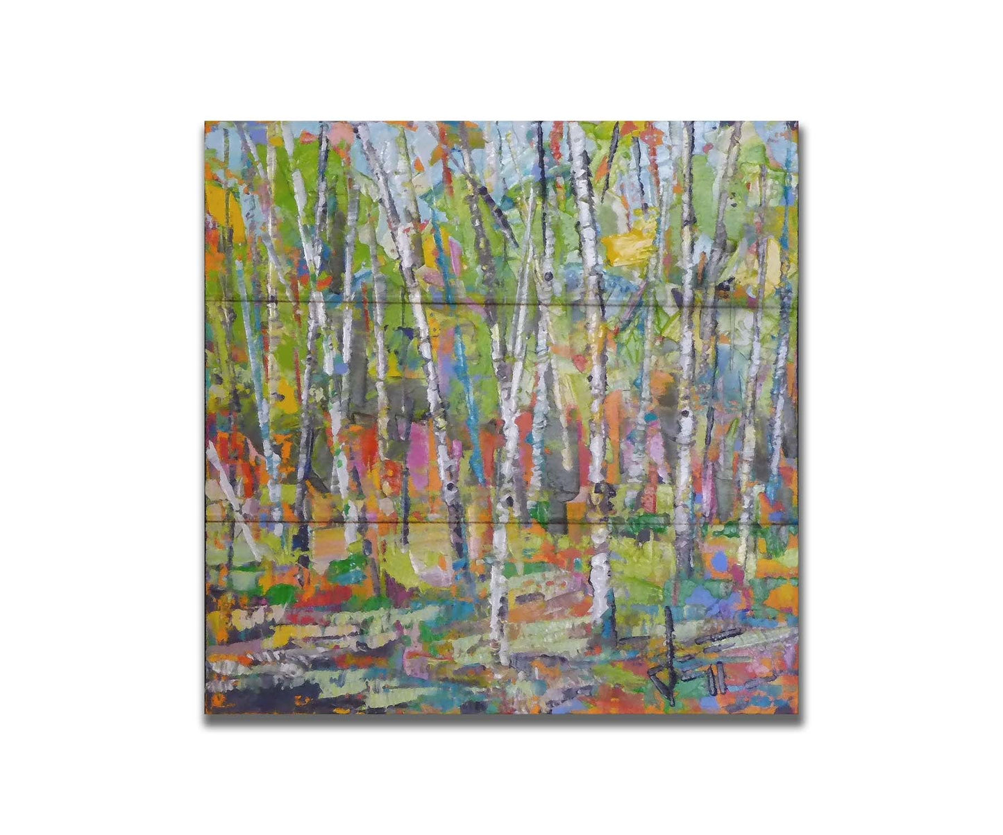 An abstract landscape depicitng a birch forest in a wide array of colors. Printed on a box board.