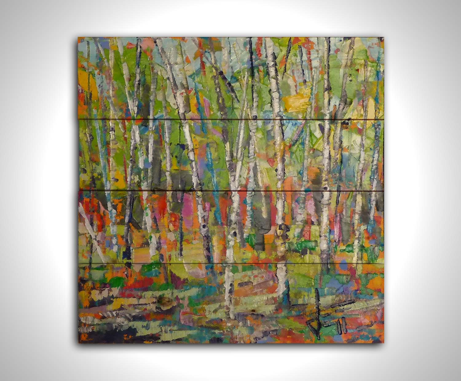 An abstract landscape depicting a birch forest in a wide array of colors. Printed on a wood pallet.