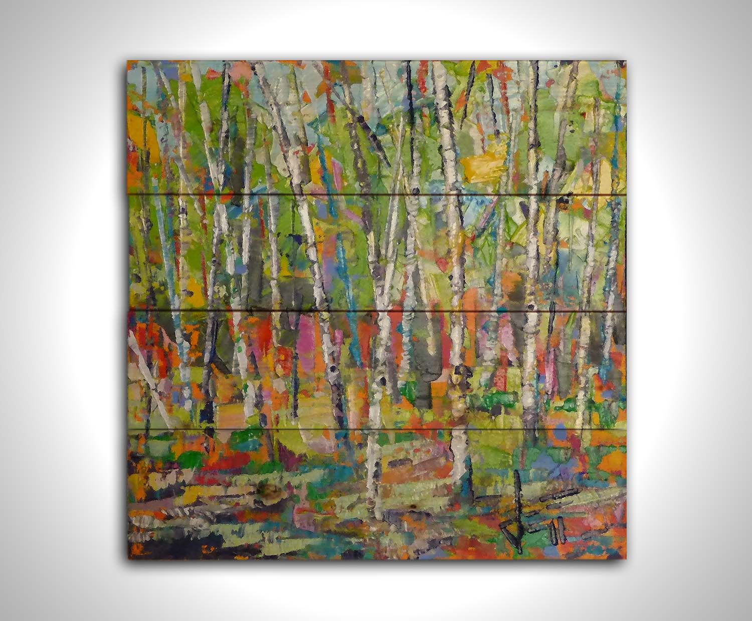 An abstract landscape depicitng a birch forest in a wide array of colors. Printed on a wood pallet.