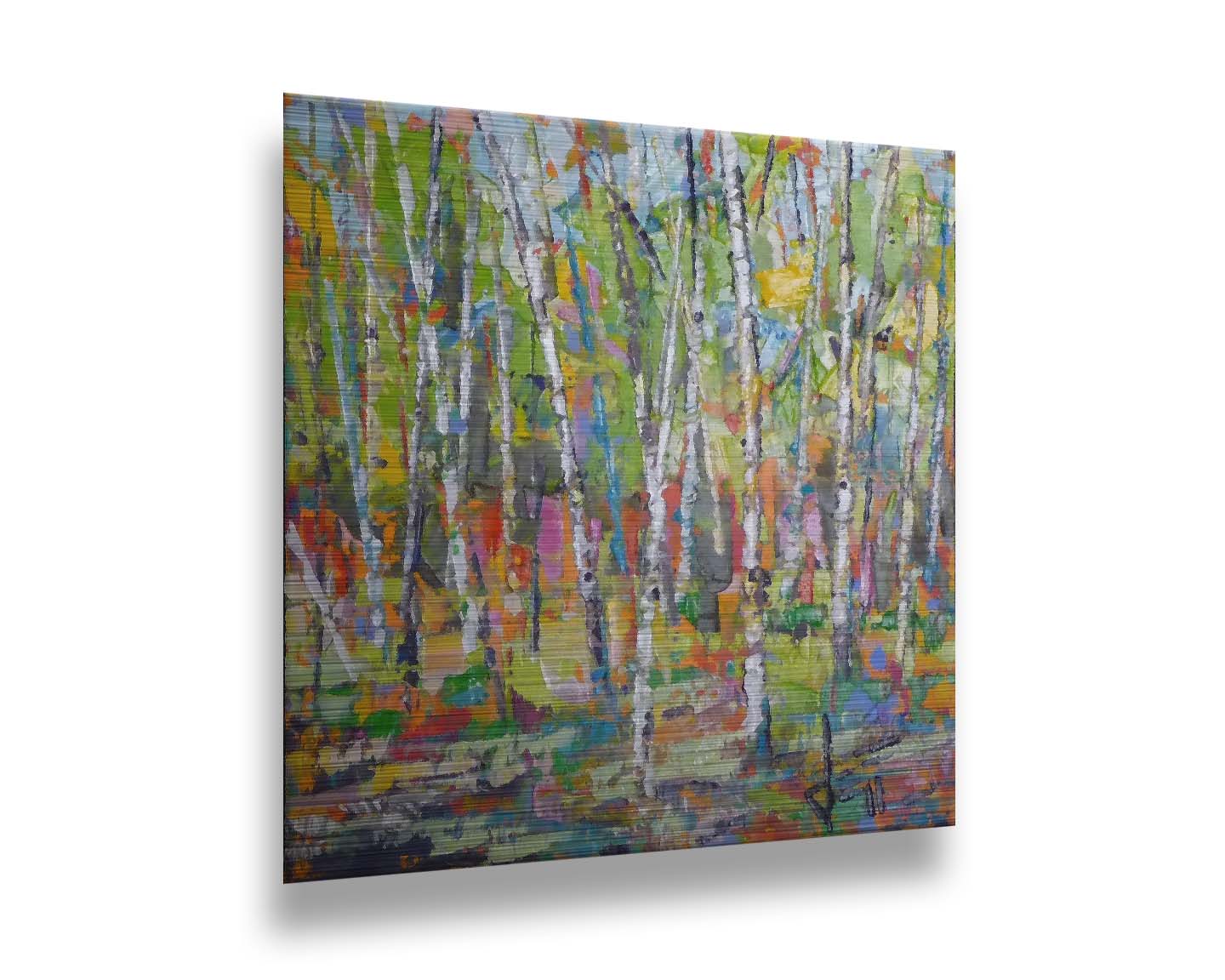 An abstract landscape depicting a birch forest in a wide array of colors. Printed on metal.