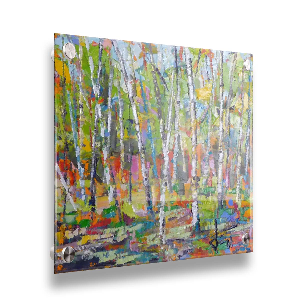 An abstract landscape depicting a birch forest in a wide array of colors. Printed on acrylic.