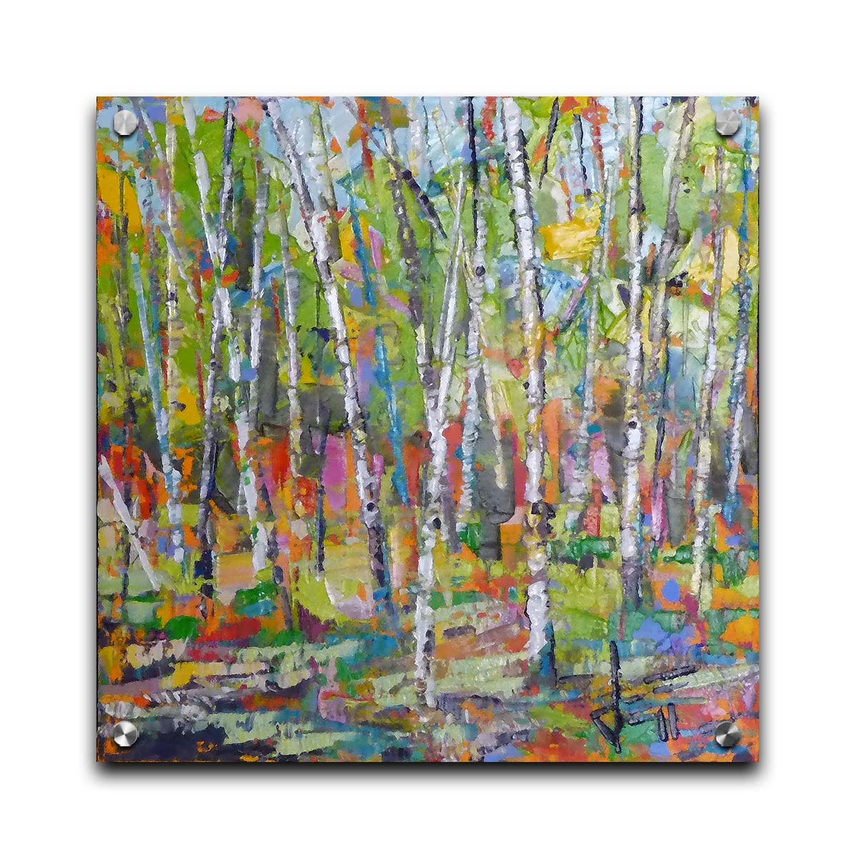 An abstract landscape depicting a birch forest in a wide array of colors. Printed on acrylic.