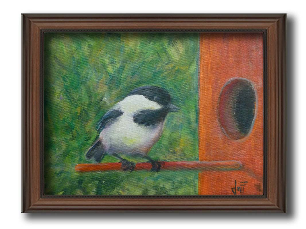 A painting of a black and white chickadee perched on an orange birdhouse, about to enter. The visible brushstrokes of the green background give the impression of foliage. Printed on canvas and framed.