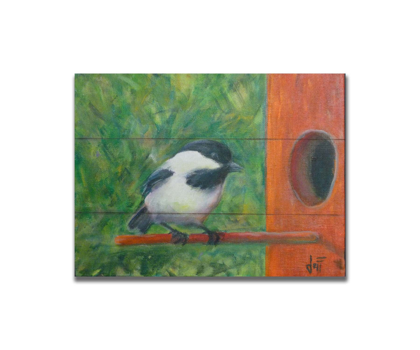 A painting of a black and white chickadee perched on an orange birdhouse, about to enter. The visible brushstrokes of the green background give the impression of foliage. Printed on a box board.