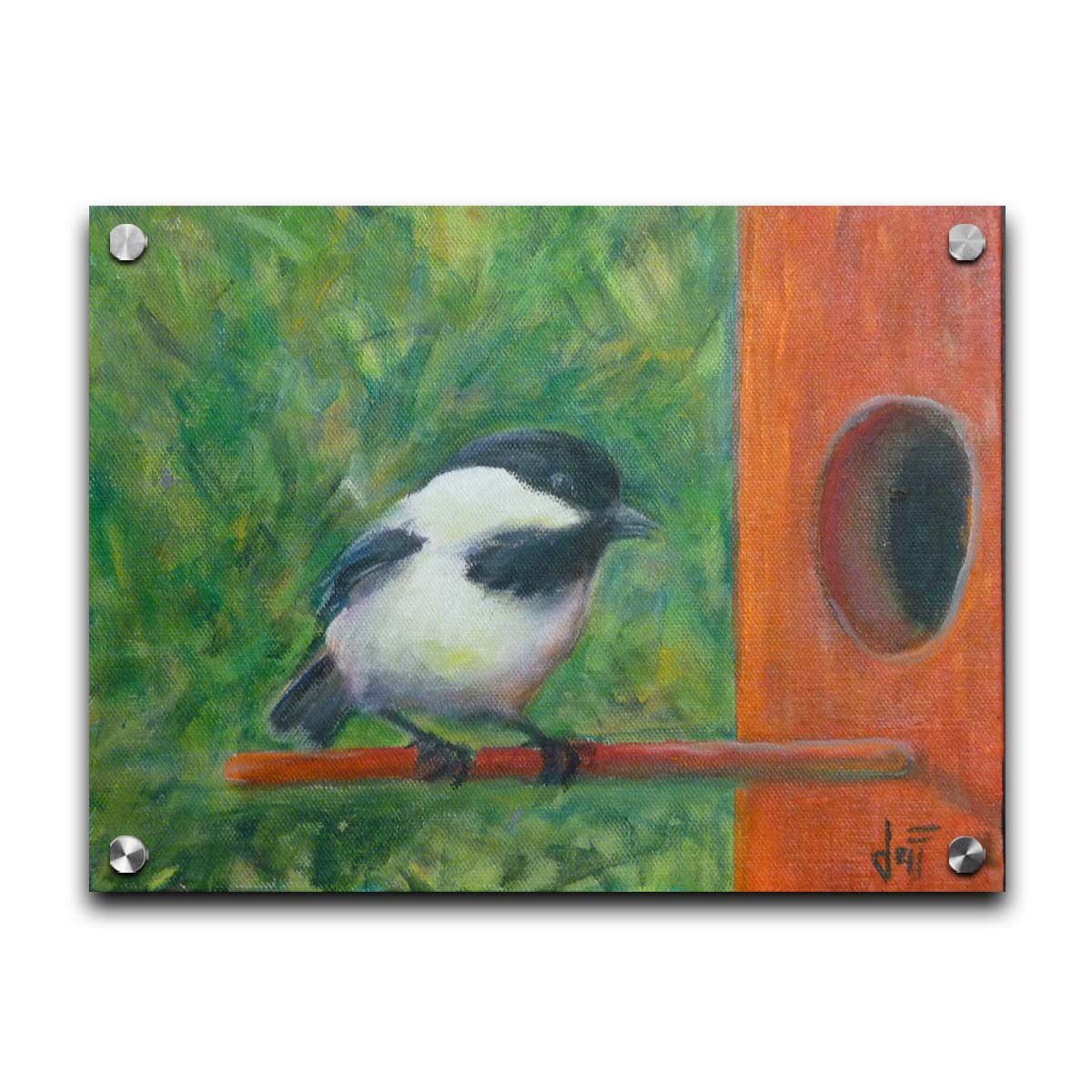 A painting of a black and white chickadee perched on an orange birdhouse, about to enter. The visible brushstrokes of the green background give the impression of foliage. Printed on acrylic.