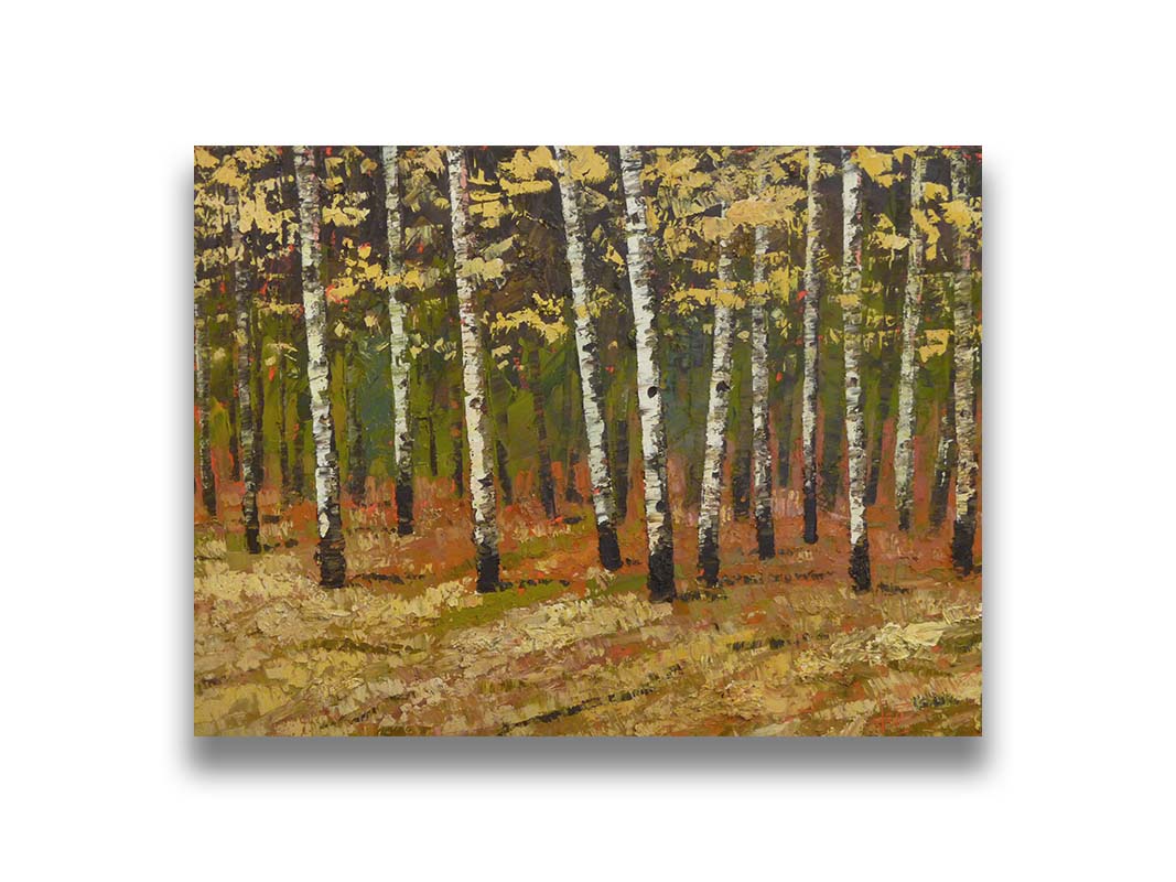 A painting of a birch forest in autumn, as the grass and leaves turn yellow. Printed on canvas.