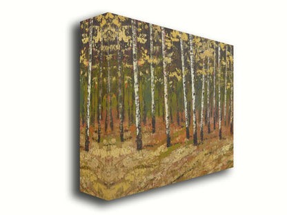 A painting of a birch forest in autumn, as the grass and leaves turn yellow. Printed on canvas.